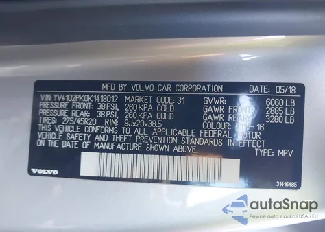 2019 Volvo Xc90 T5 Momentum z USA, uszkodzony, nr VIN YV4102PK0K1418012